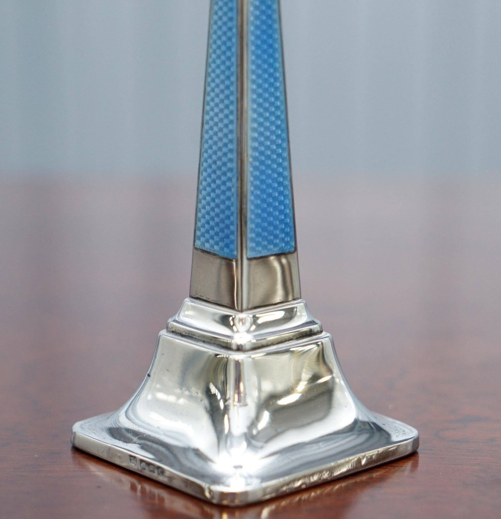 Pair of sterling silver and enamel candlesticks 1927 by Charles Green & Co.