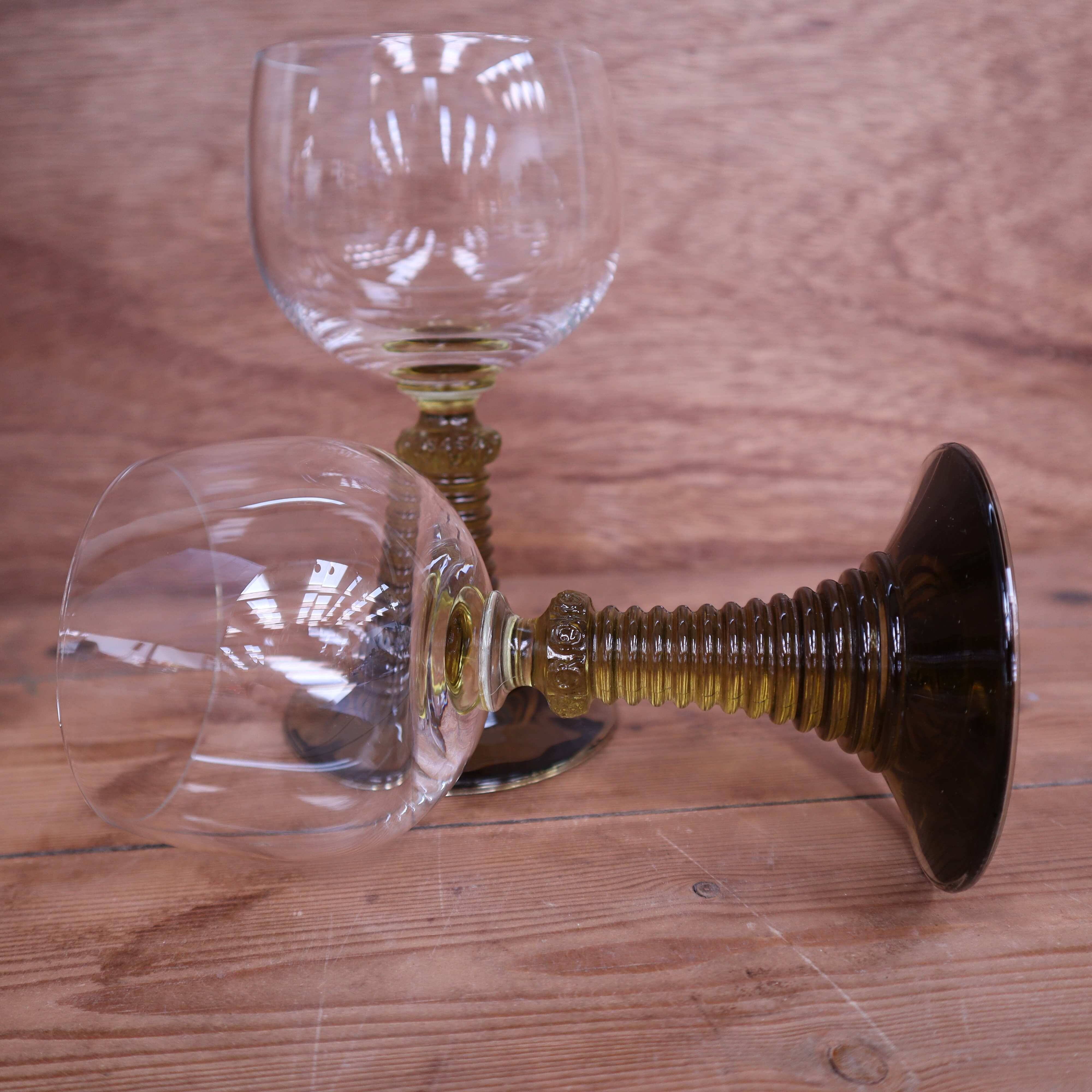2 Roemer style wine glasses with olive green stem