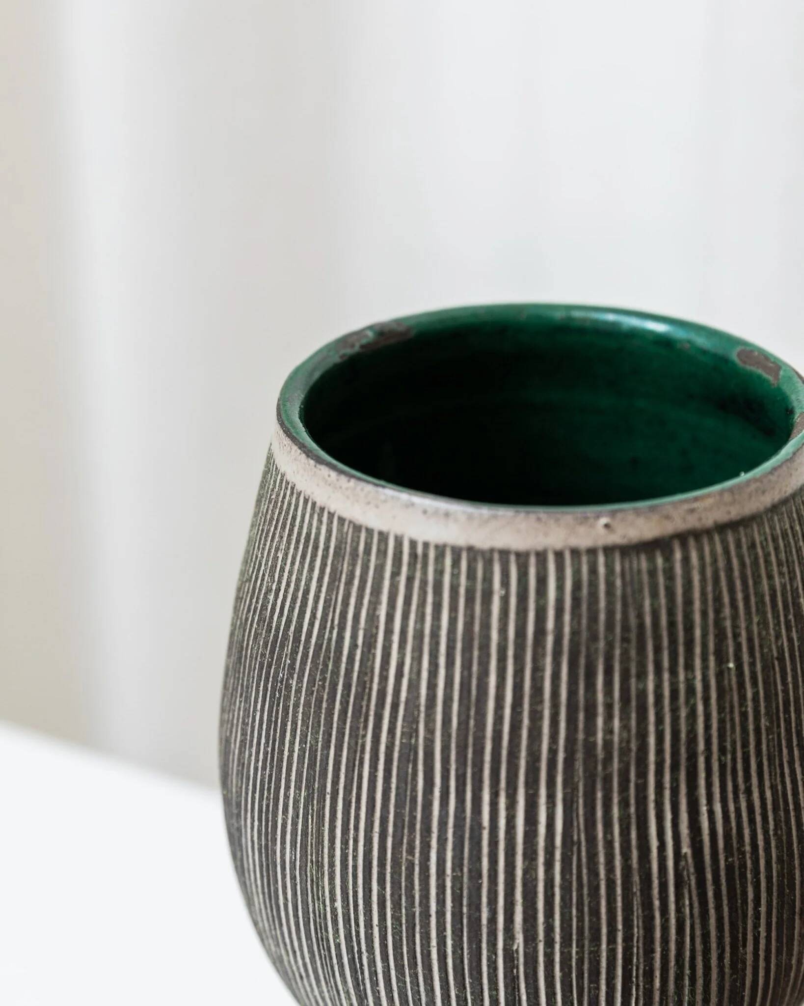 Gray and beige ceramic vase, vintage 1970s Danish studio pottery with incised texture