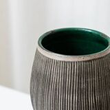 Gray and beige ceramic vase, vintage 1970s Danish studio pottery with incised texture