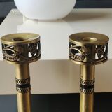 Pair of Hebrew Candlesticks. In antique gold-plated brass. Signed FFS Israel