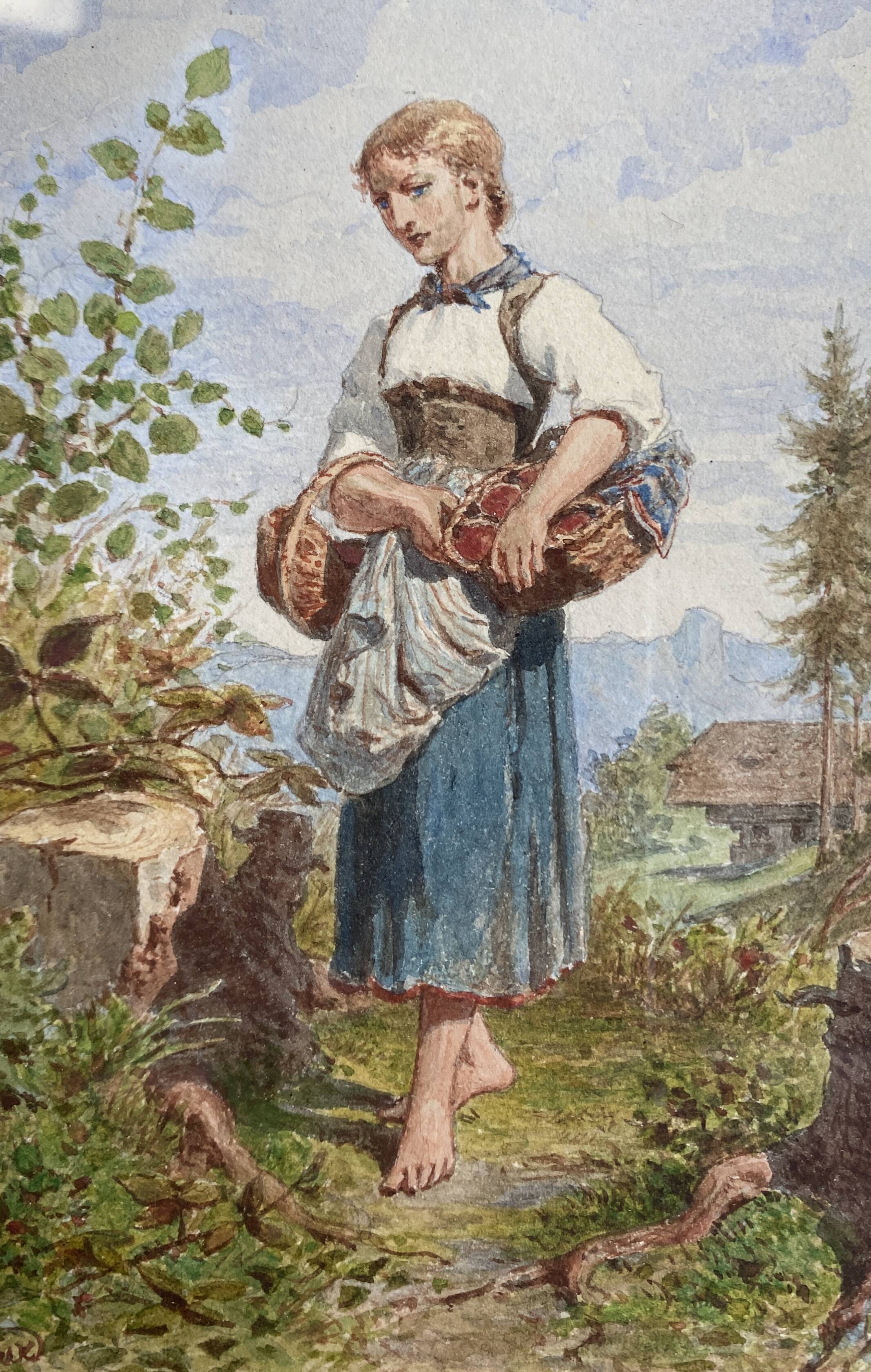Watercolor Painting "Young Woman with Basket" Gustave Roux (1828-1885)