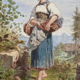 Watercolor Painting "Young Woman with Basket" Gustave Roux (1828-1885)