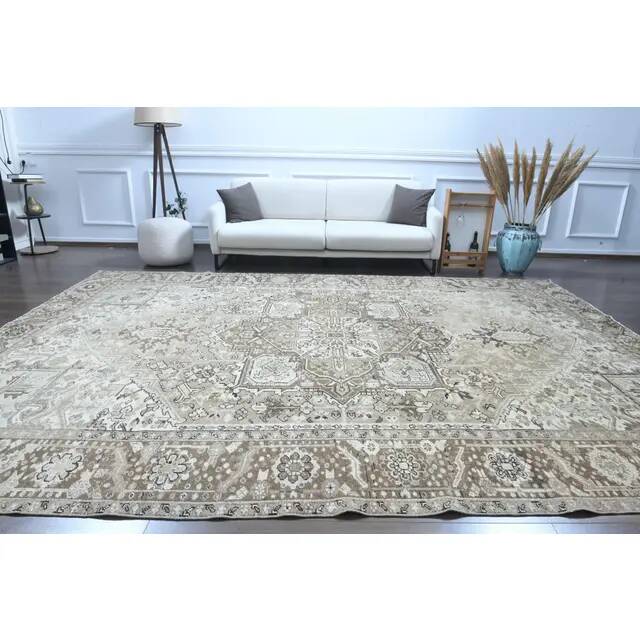 1960s Vintage Persian Handmade Wool Cotton Light Brown Area Rug 283x374