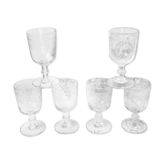 Lot de 6 verres à vin blanc gravés ancien
