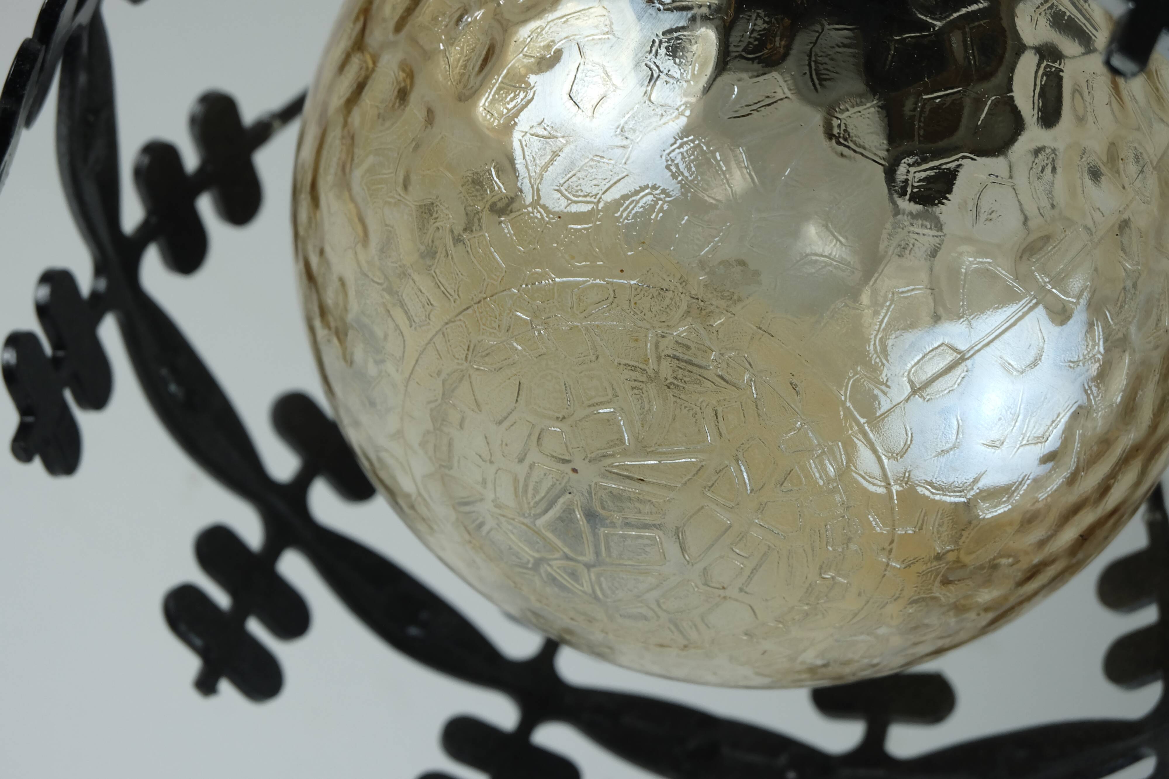 1970s Amber Glass Pendant Light with Iron Frame - 2 Available