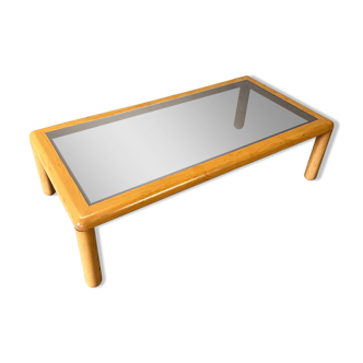 Coffee table in wood and smoked plexiglass 80s