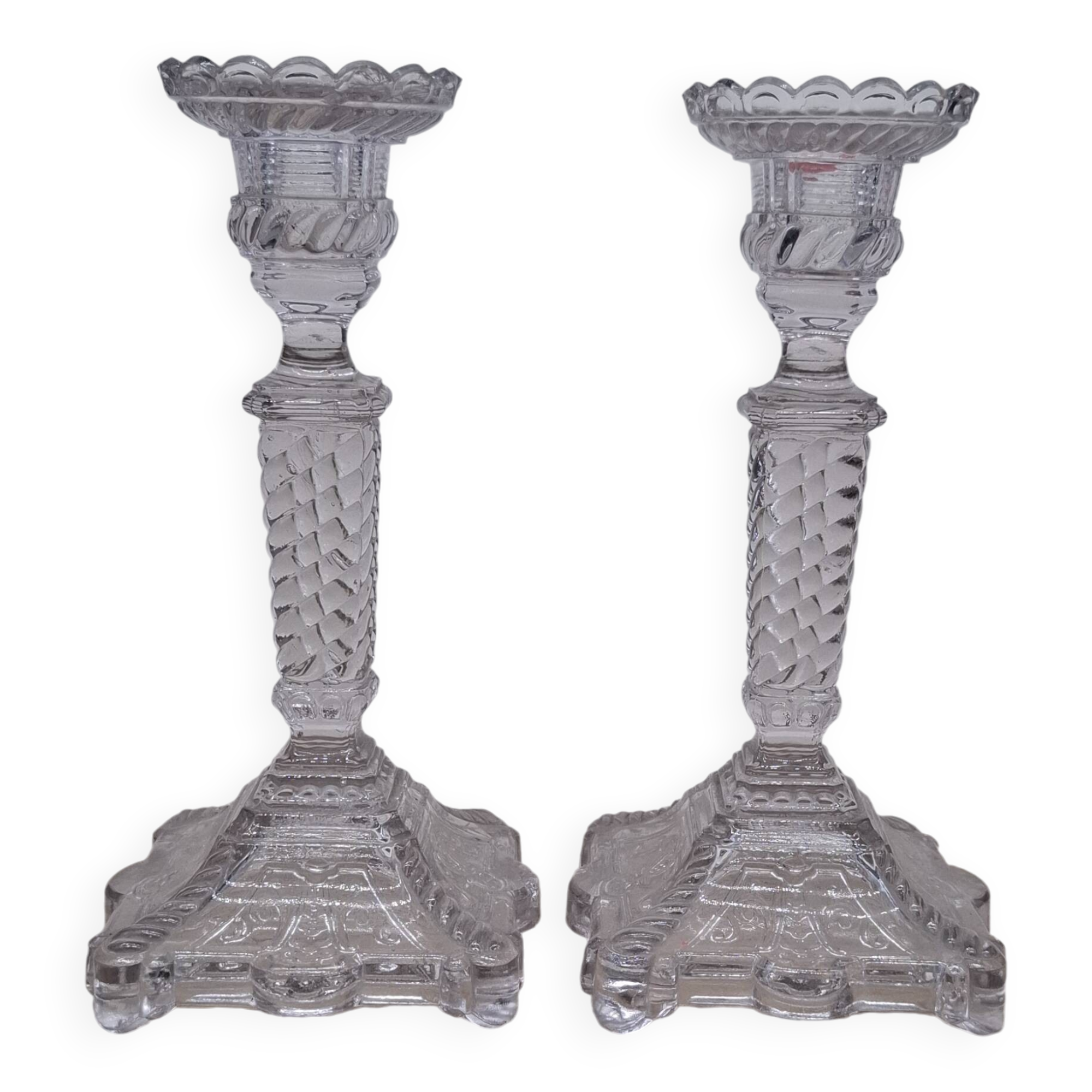 Pair of molded glass candlesticks