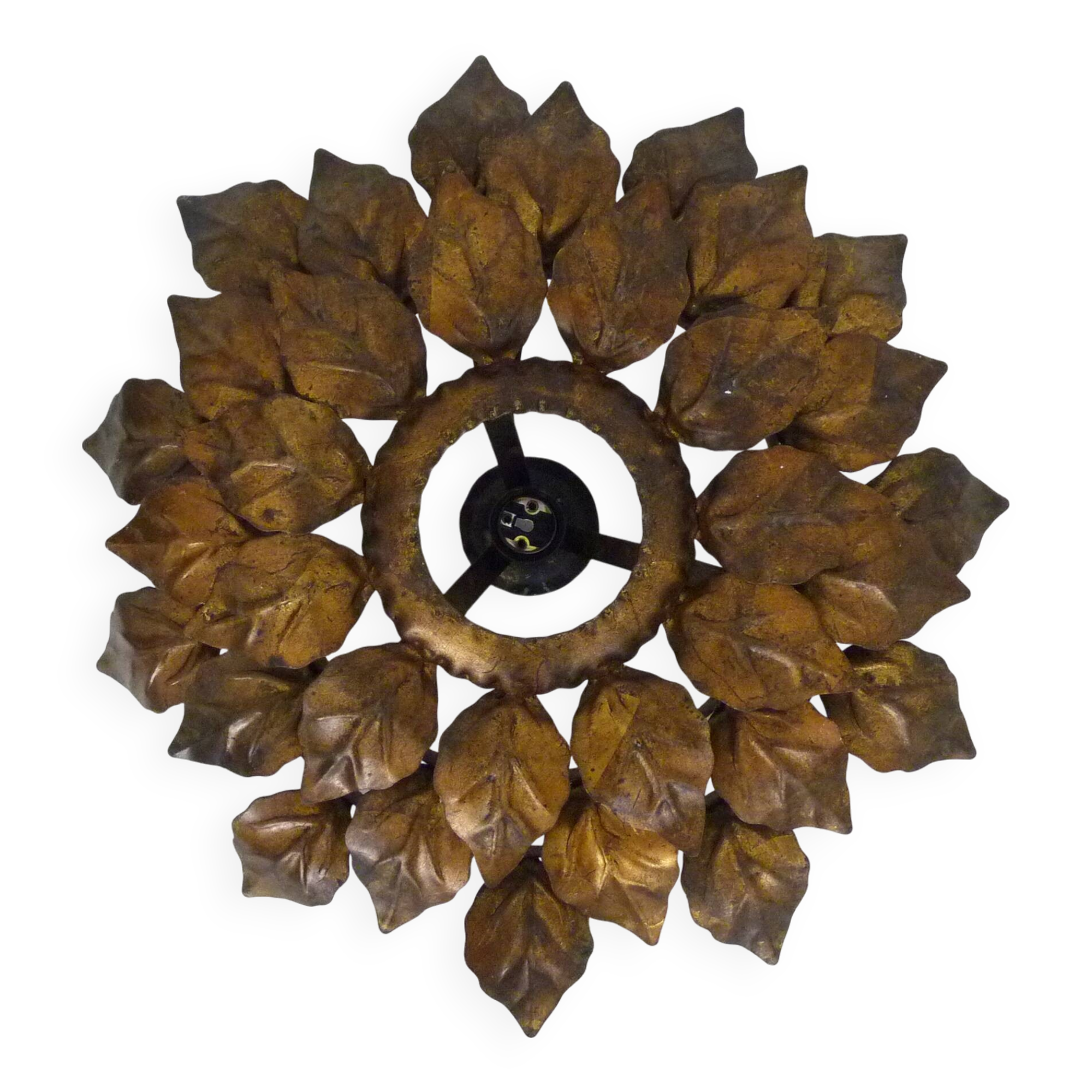 Sun ceiling light, foliage ceiling light in gold metal, vintage ceiling light. 70s