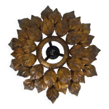Sun ceiling light, foliage ceiling light in gold metal, vintage ceiling light. 70s