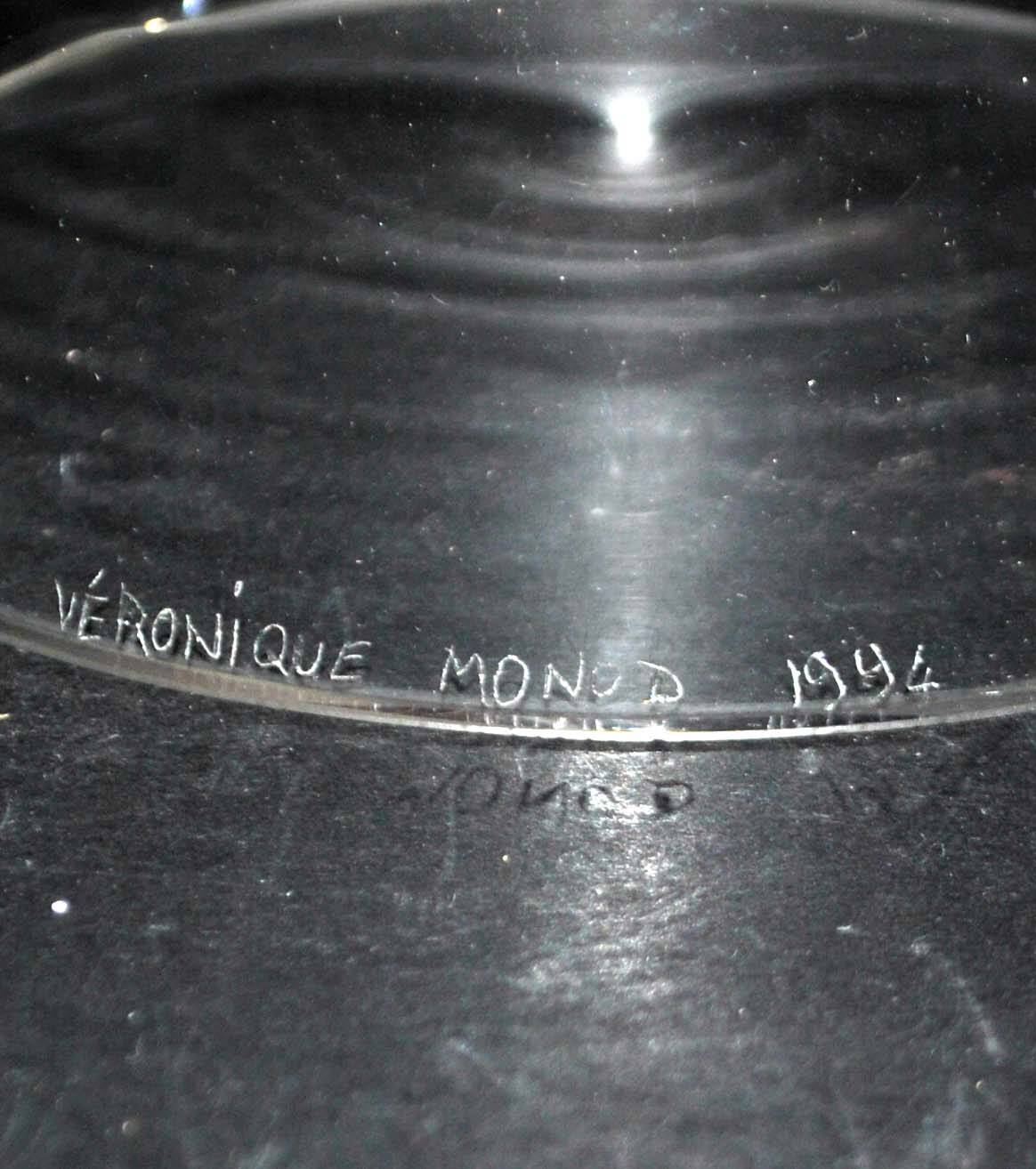 Chalice cup in engraved blown glasses signed Véronique Monod 1994 Contemporary glassmaker Biot