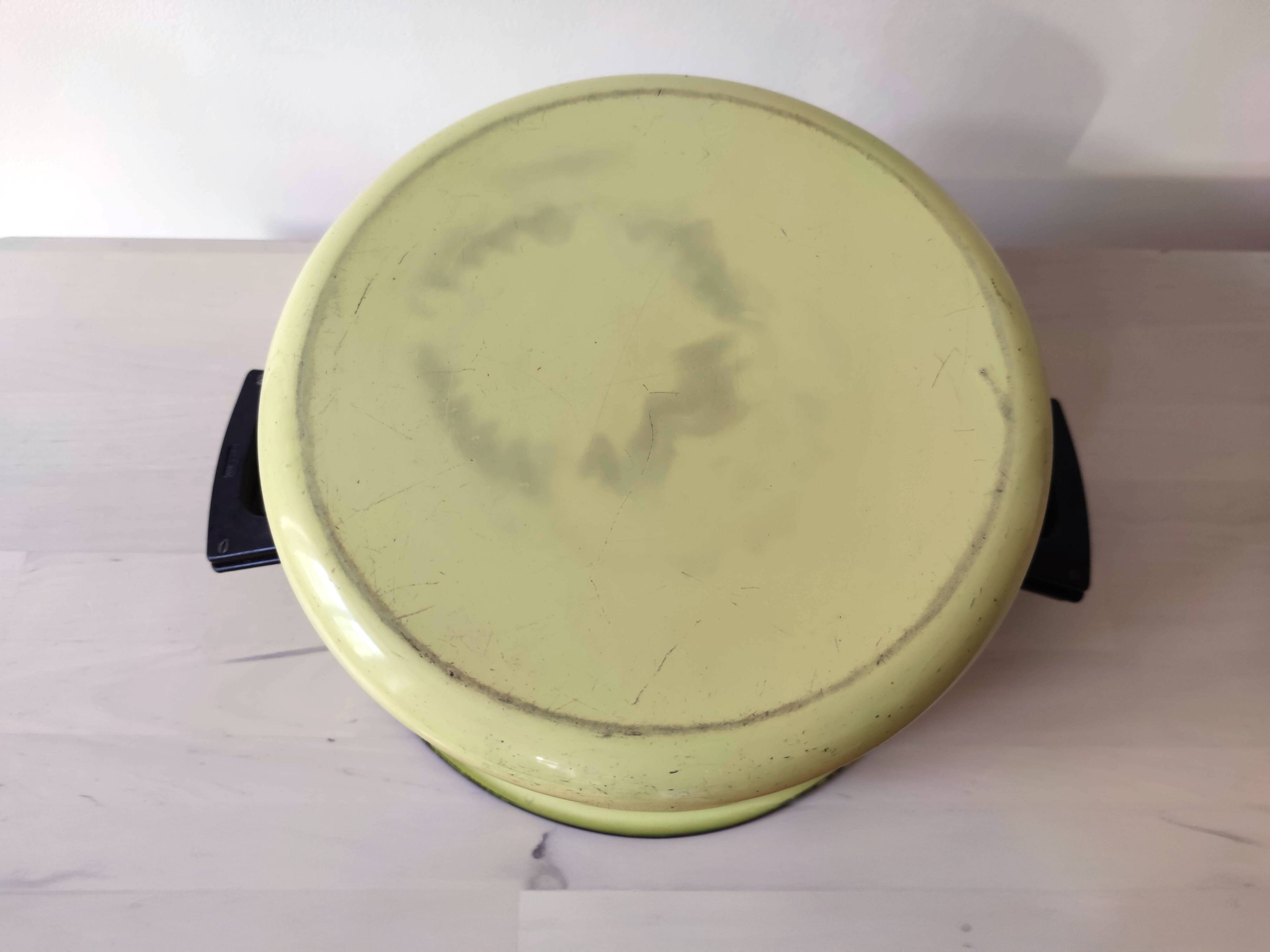 Bright yellow enameled metal stewpot - aubecq from the 1950s