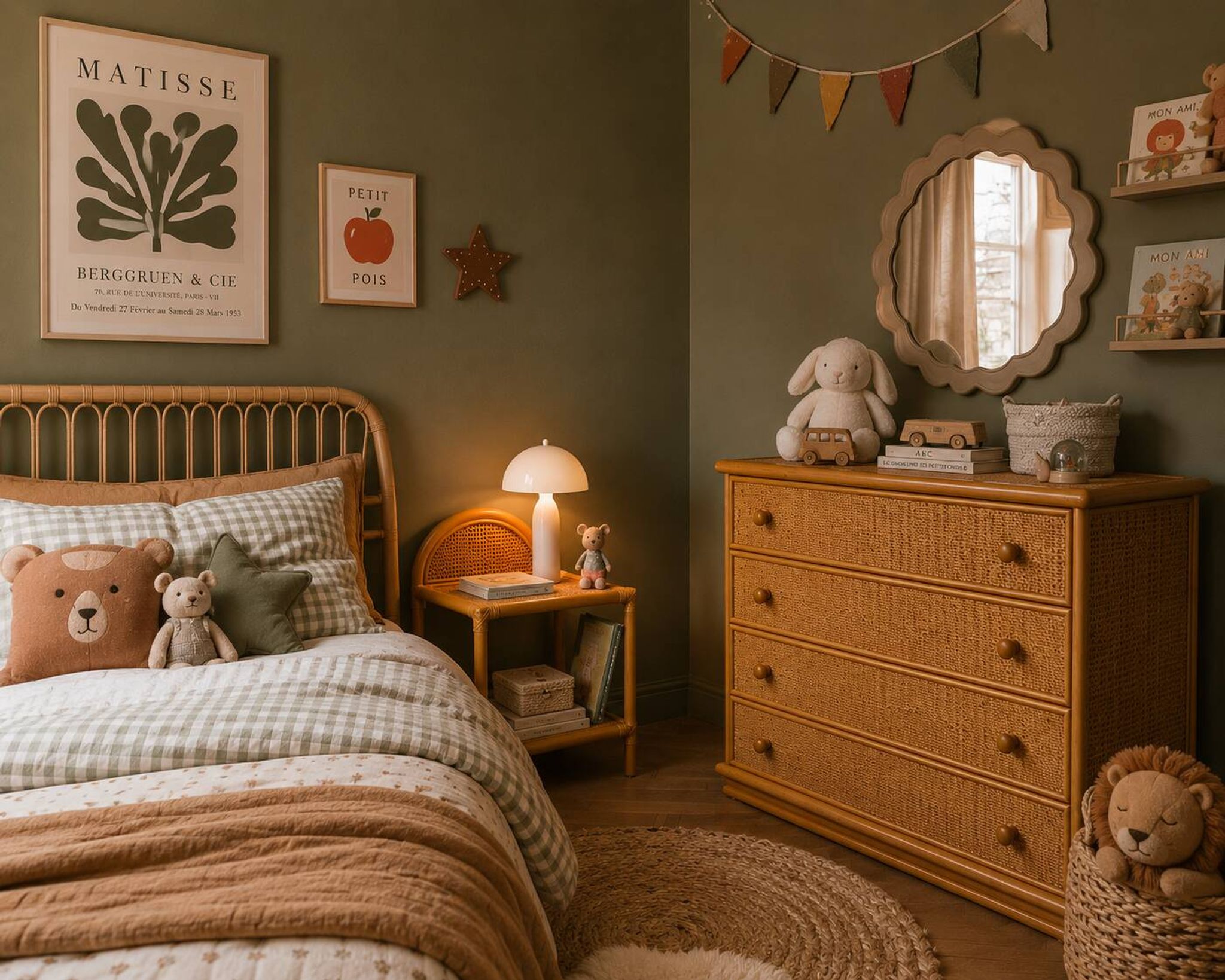 Dresser and its bedside table in rattan caning and vintage oak from the 1970s.