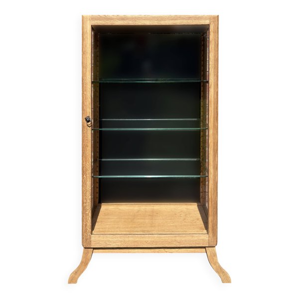 Vitrine ancienne en chêne massif restaurée, fond noir, étagères en verre