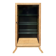 Restored antique oak display cabinet, black background, glass shelves.