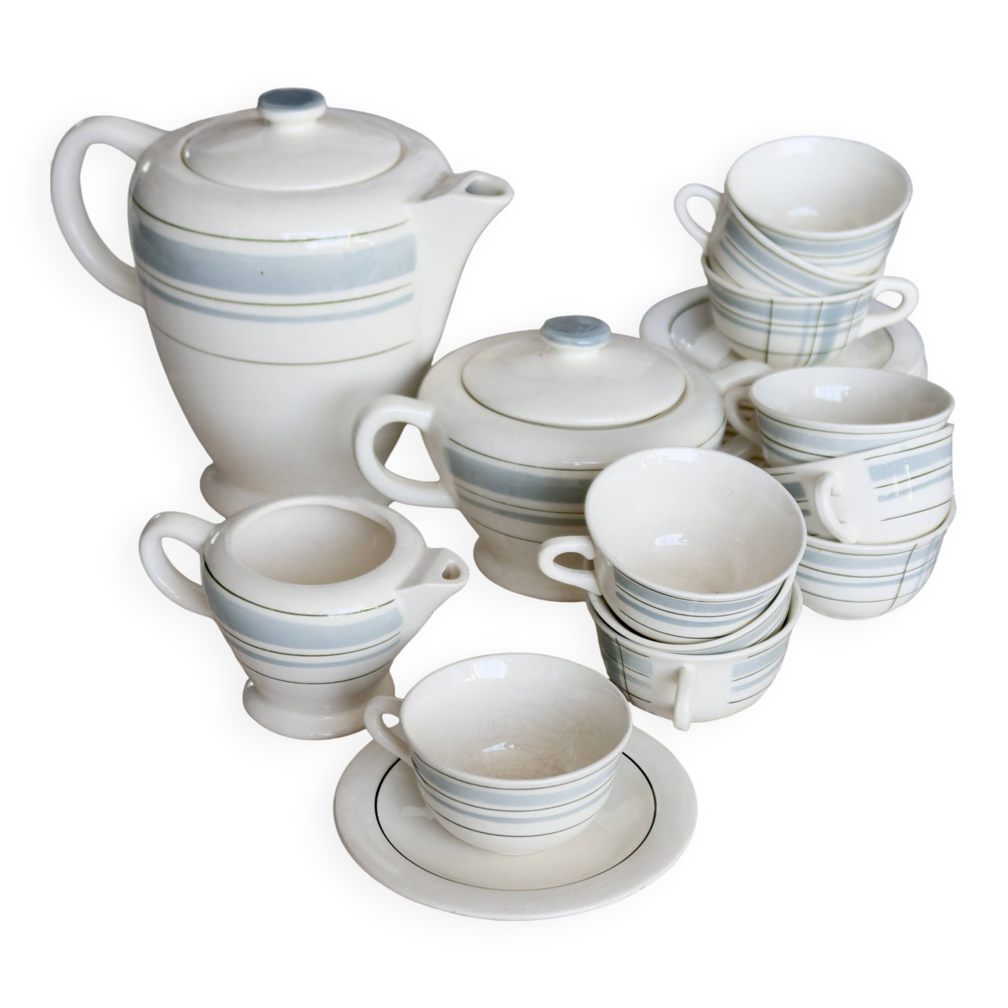 Vintage 10-person coffee set with Salins earthenware and geometric design