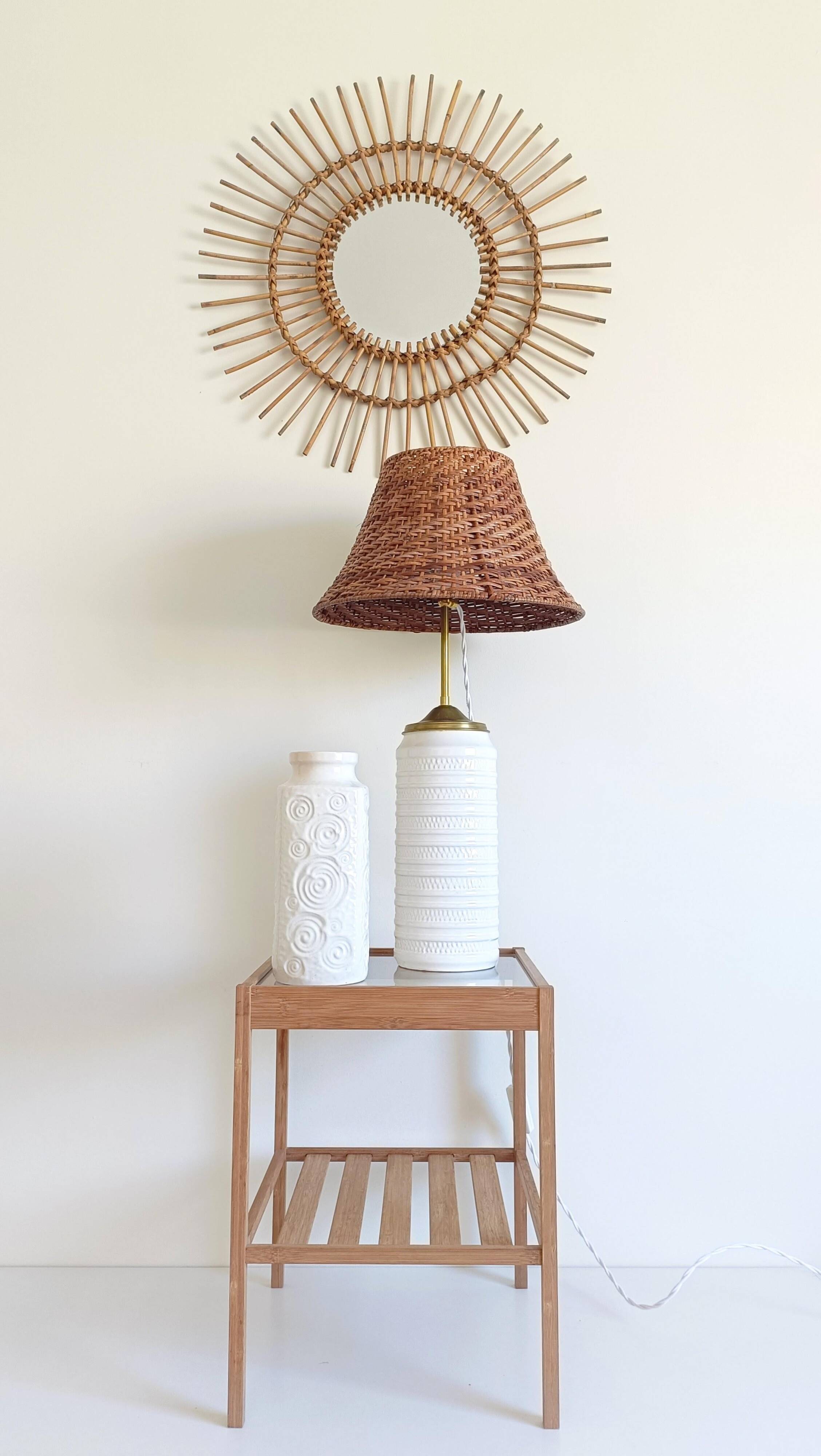 Mid Century Organic Modern Bamboo & Rattan Sunburst Patinated Mirror, 1960s