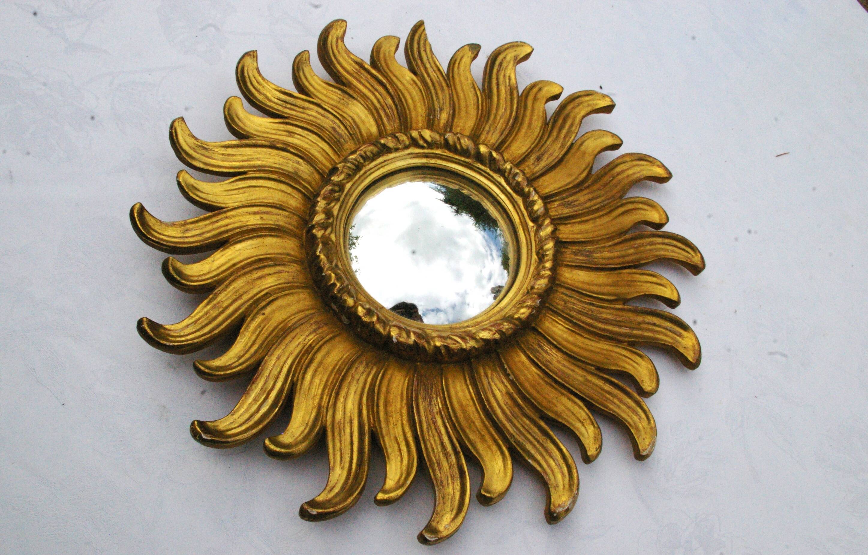 Old mirror sun domed golden wood "witch's eye"