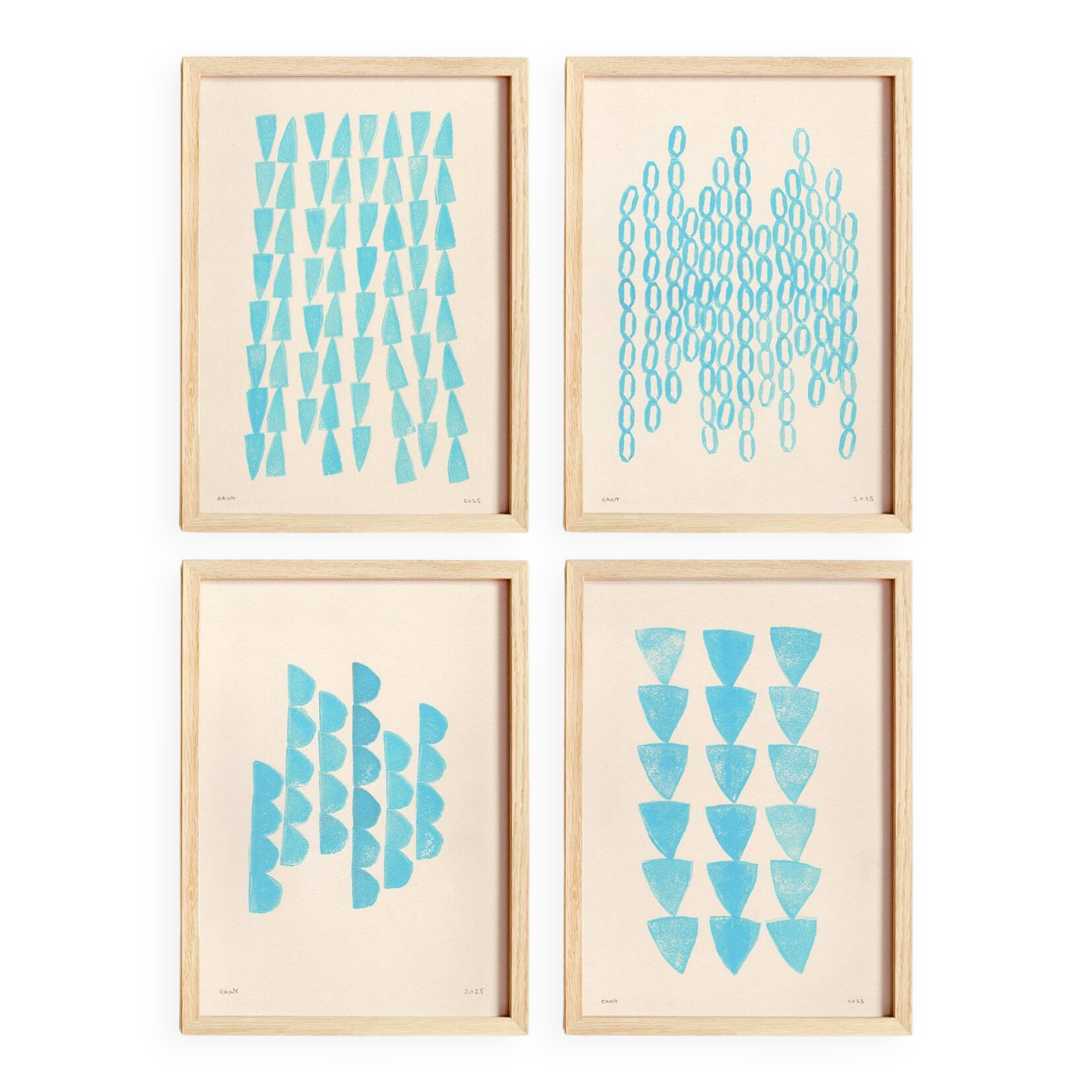 Collection of 4 blue abstract paintings on paper signed Eawy