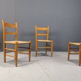Mid century oak and wicker dining chairs, set of 4