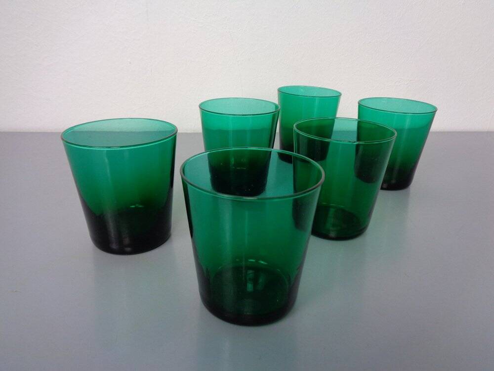 Italian green glass decanter and tumbler, 1960s, set of 7.