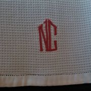 Set of ten antique cotton honeycomb towels hand-embroidered figure