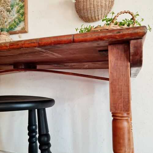 Table ancienne bois tourné et plateau moucheté vert bleu