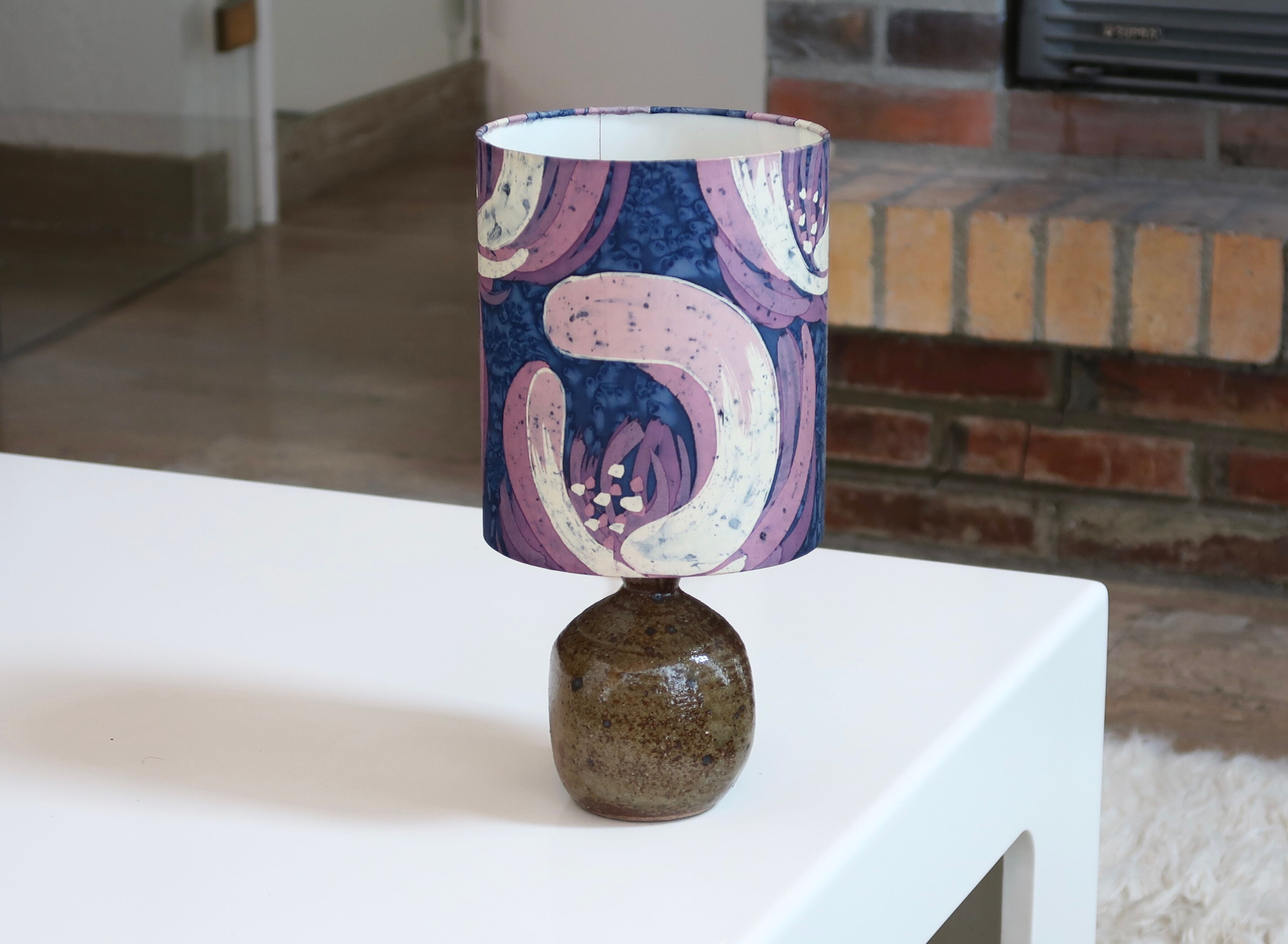 Stoneware lamp, purple fabric lampshade, 60s