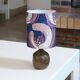 Stoneware lamp, purple fabric lampshade, 60s
