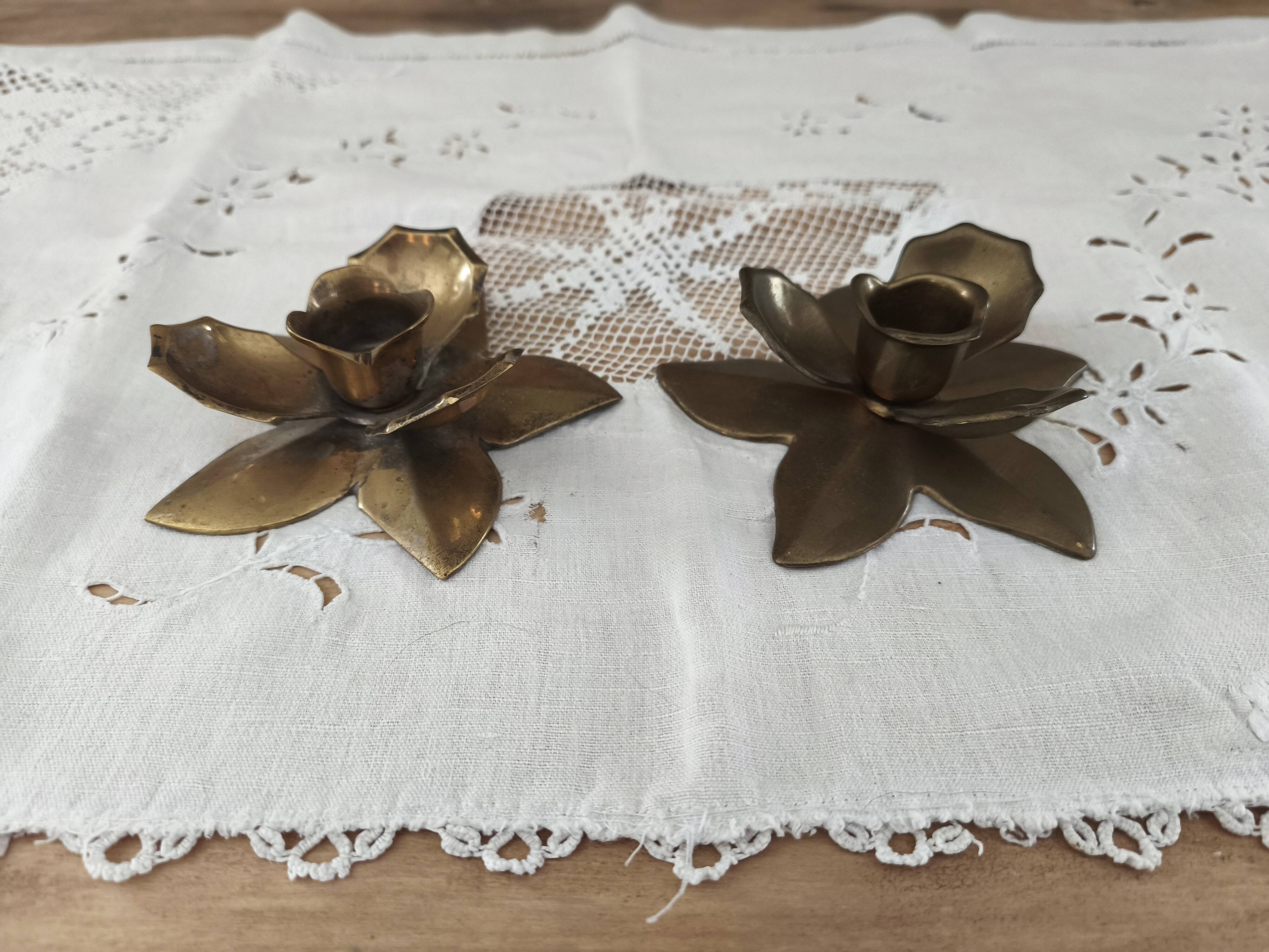 Set of 2 vintage brass flower candle holders NIJHOF Holland