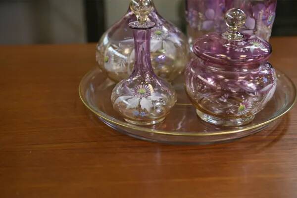 Set of pink blown glass carafes and glasses, 1950s