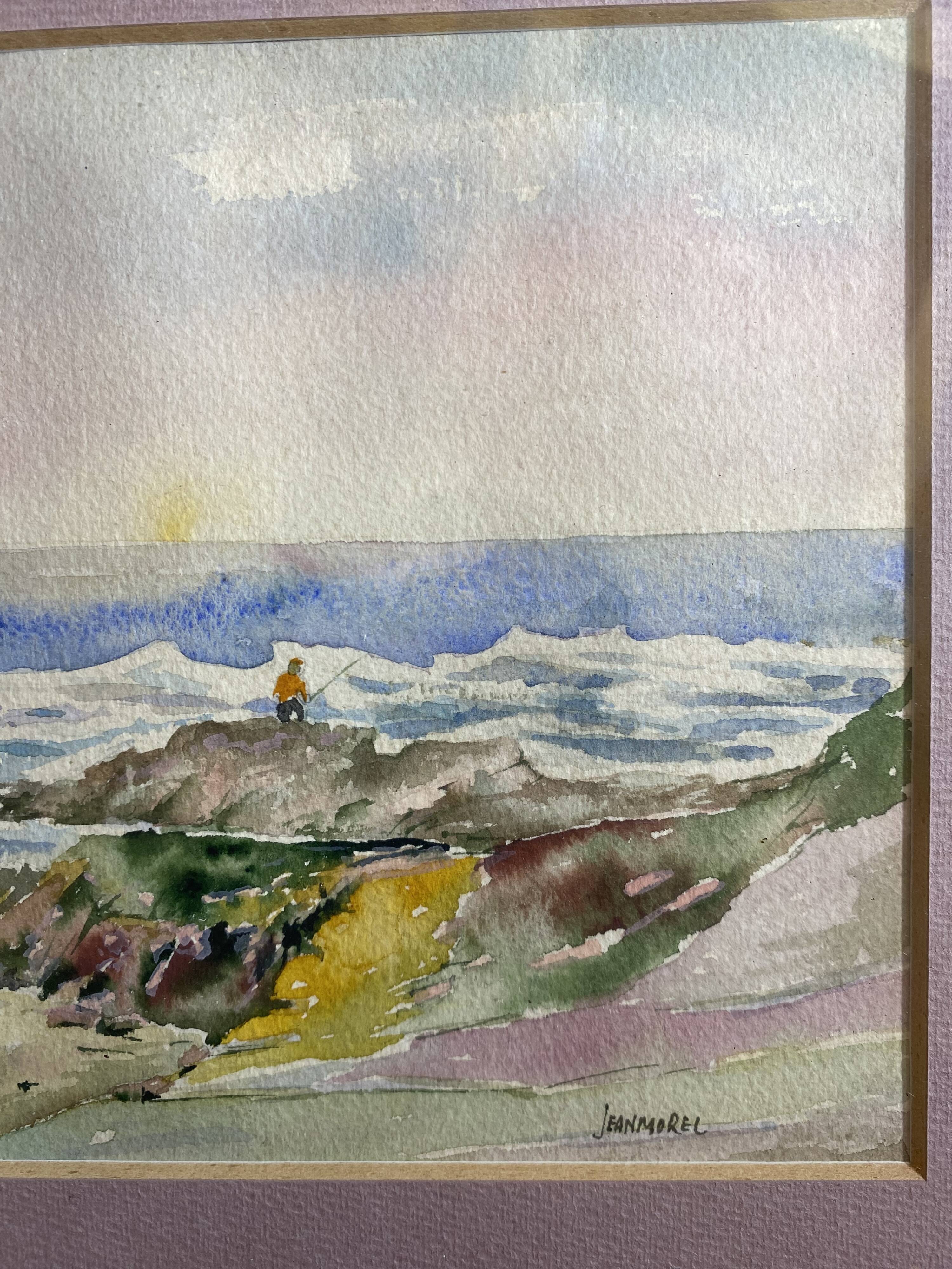 Aquarelle Sur Papier JEAN MOREL Vue Bord De Mer + Cadre Bois Blanc Vintage