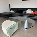 Table de salon Tisch design en verre trempé avec pouf en cuir