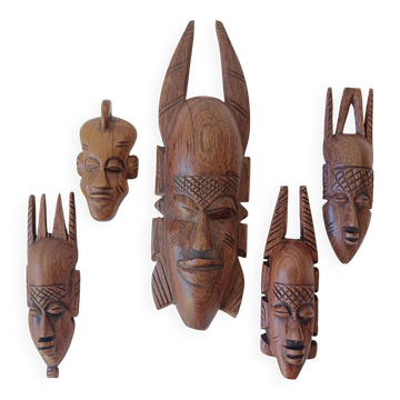 5 small African masks, tribal art, wood carving