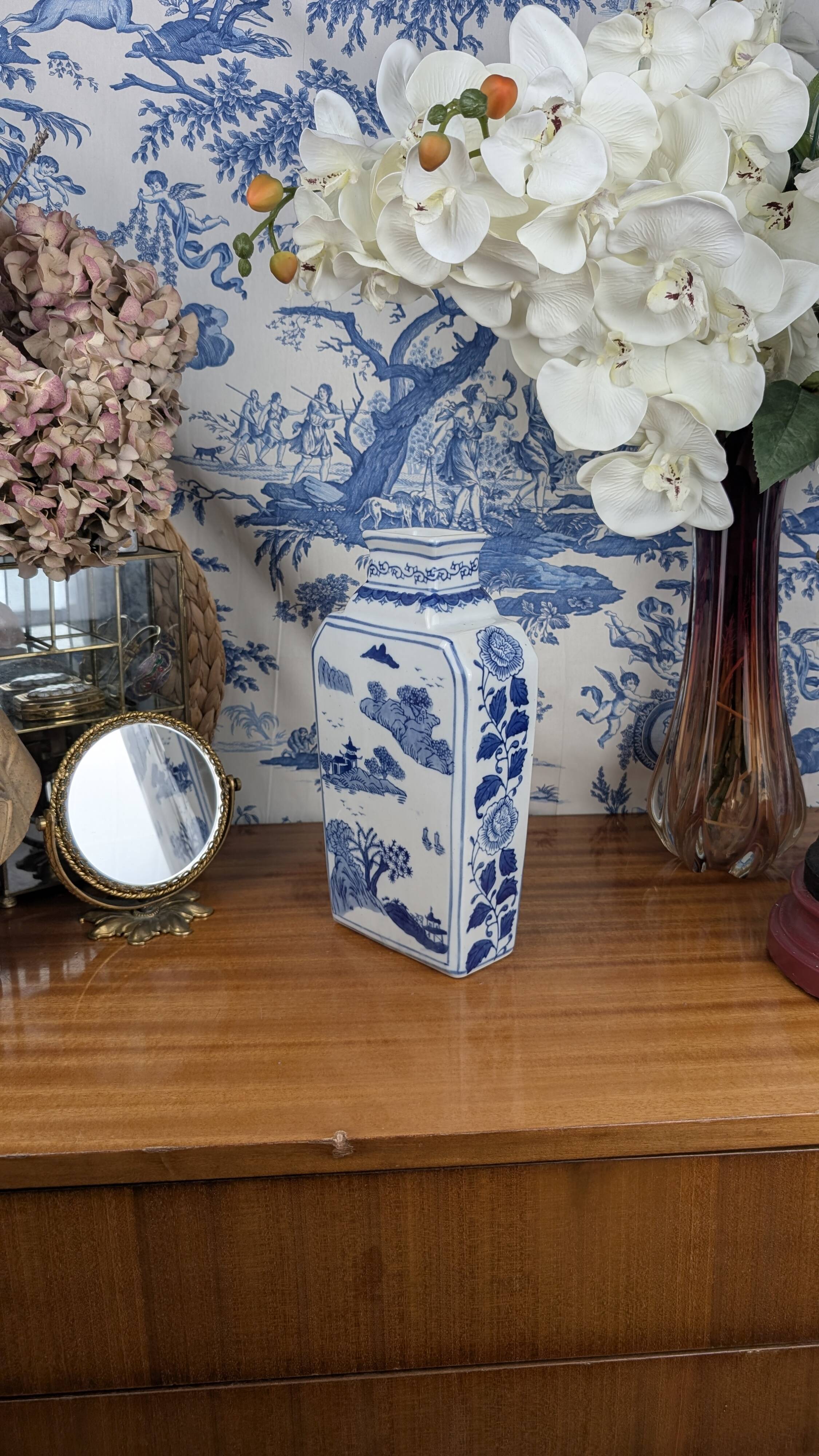 Rectangular Hue Blue Vase Vietnamese Landscape Decor 20th Century