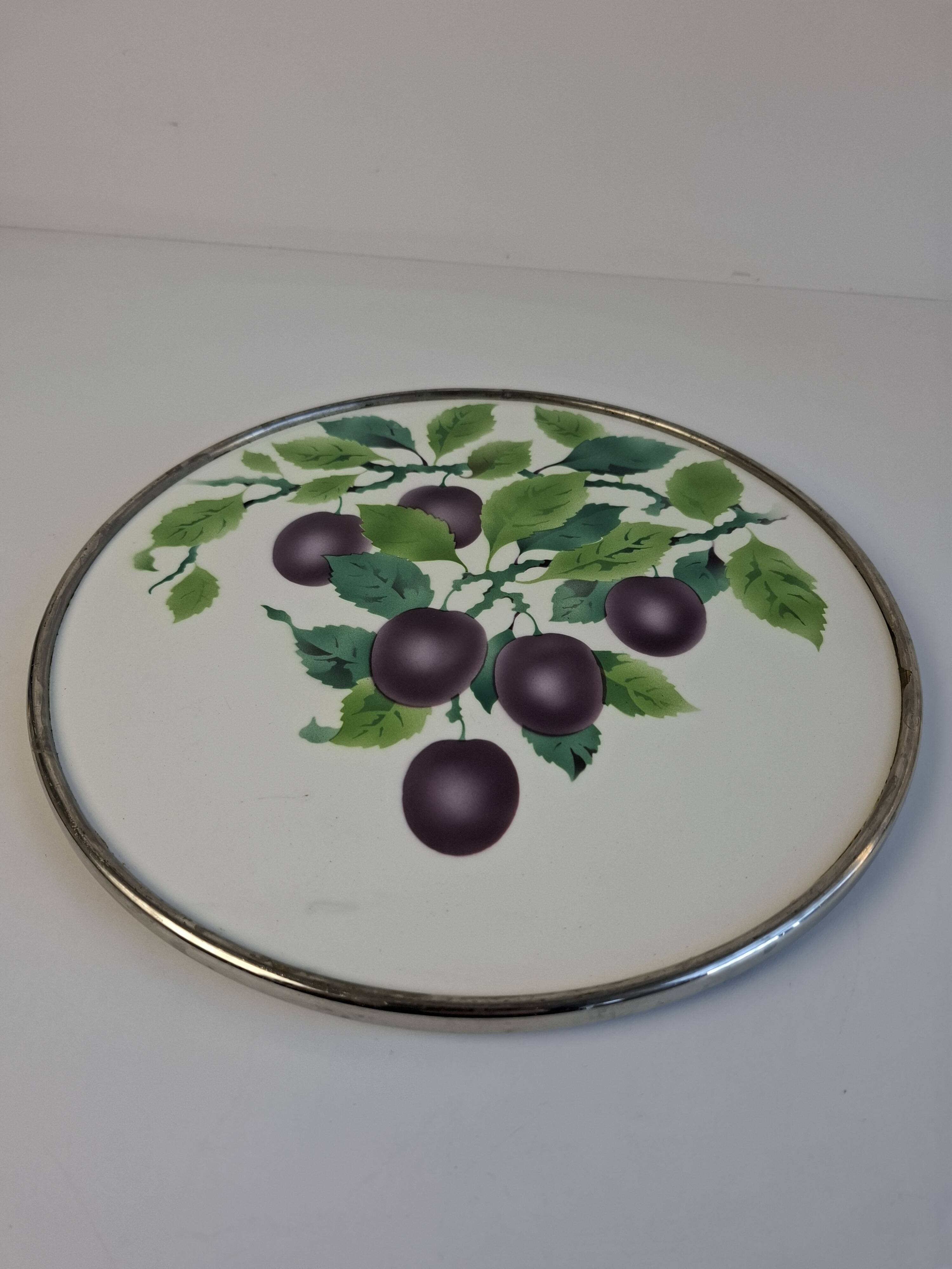 Czechoslovak Art Deco Porcelain Tray with Plum Motif and Metal Rim, 1930s