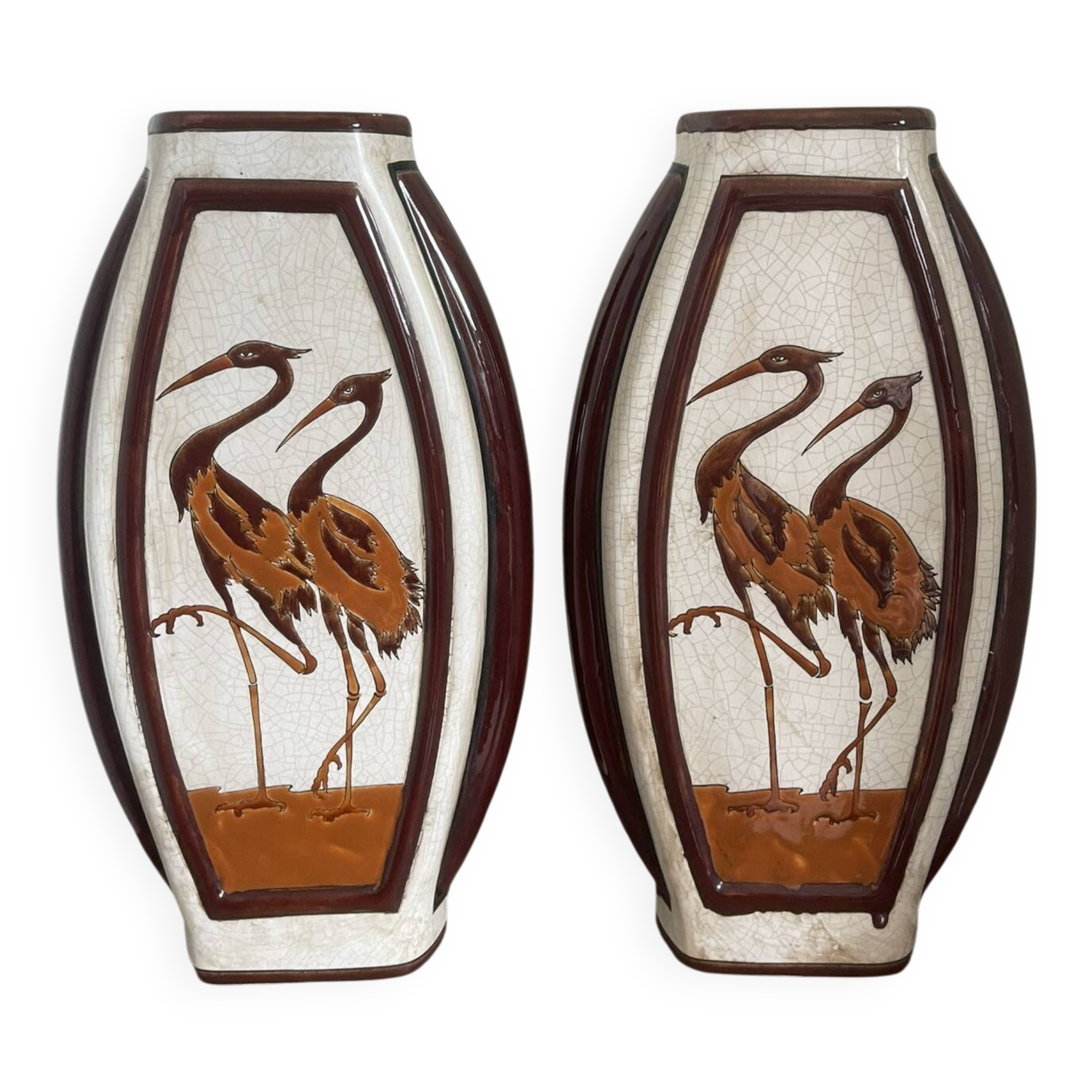 Paire de vases en céramique craquelée Art déco décor échassier Keralouve la Louvière