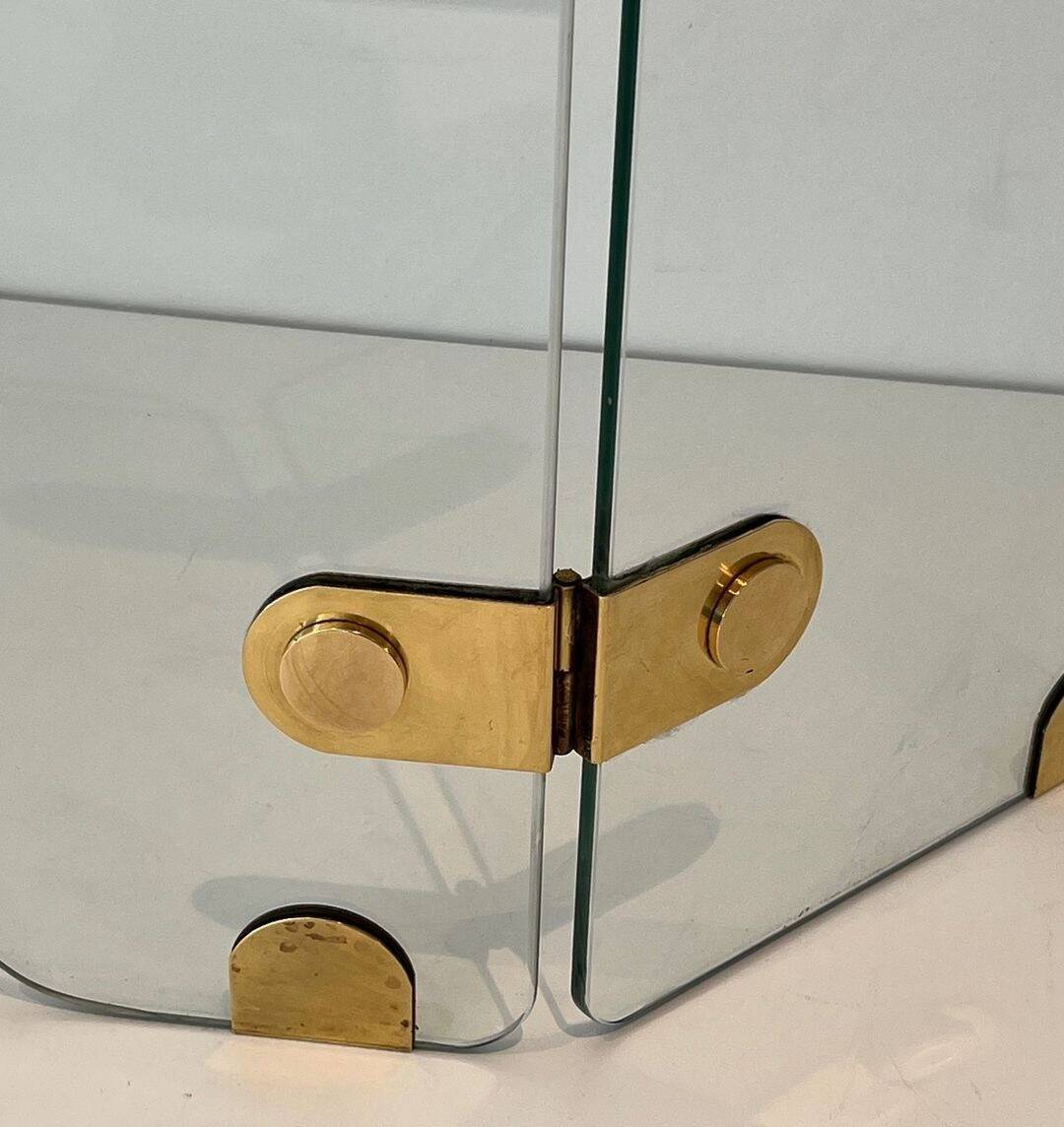 Three-Panel Folding Fire Screen with Clear Glass and Brass Hinges Ova