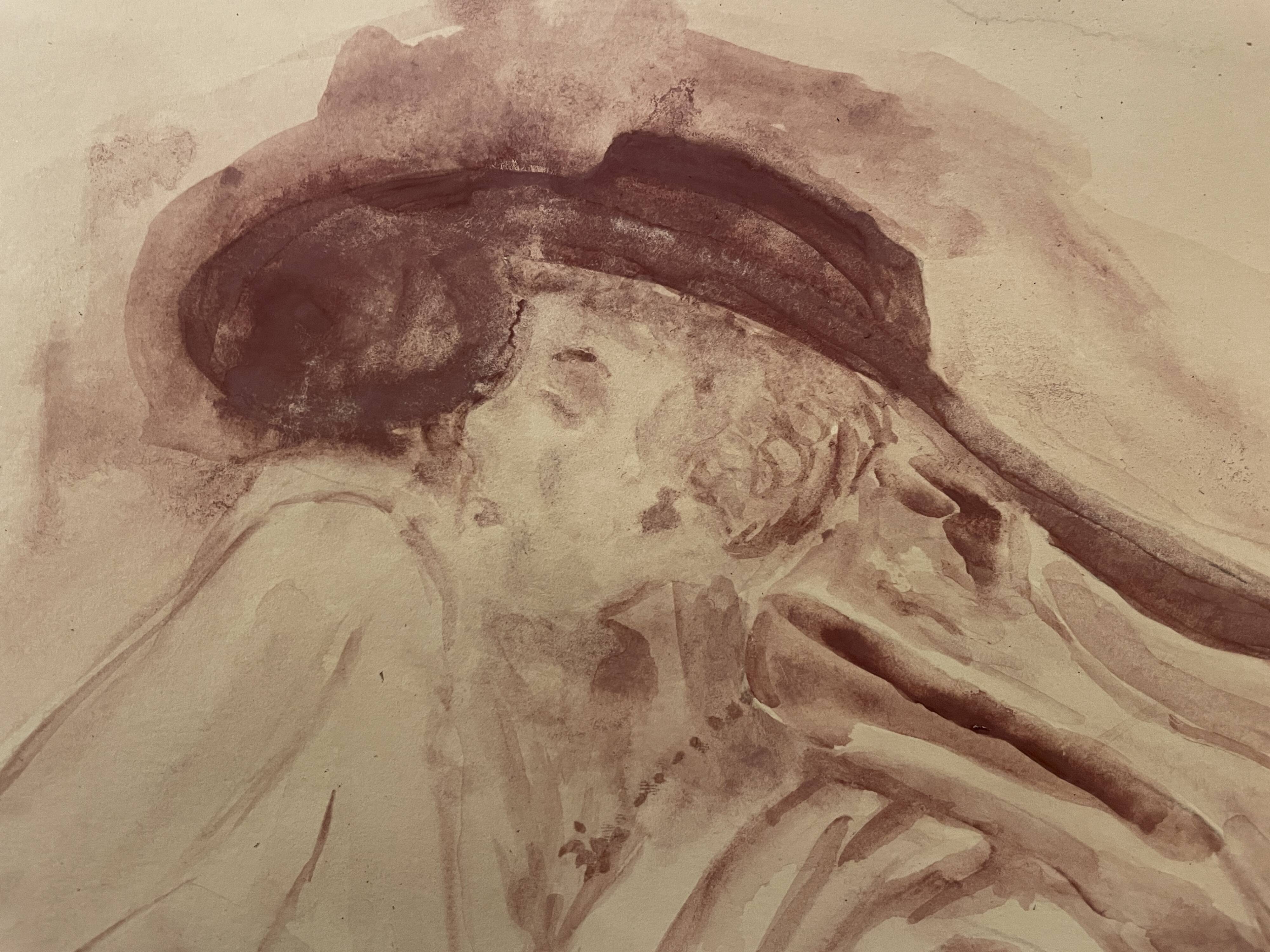 Signed painting monochrome watercolor caput mortum female portrait "Belle époque"