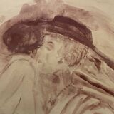 Signed painting monochrome watercolor caput mortum female portrait "Belle époque"