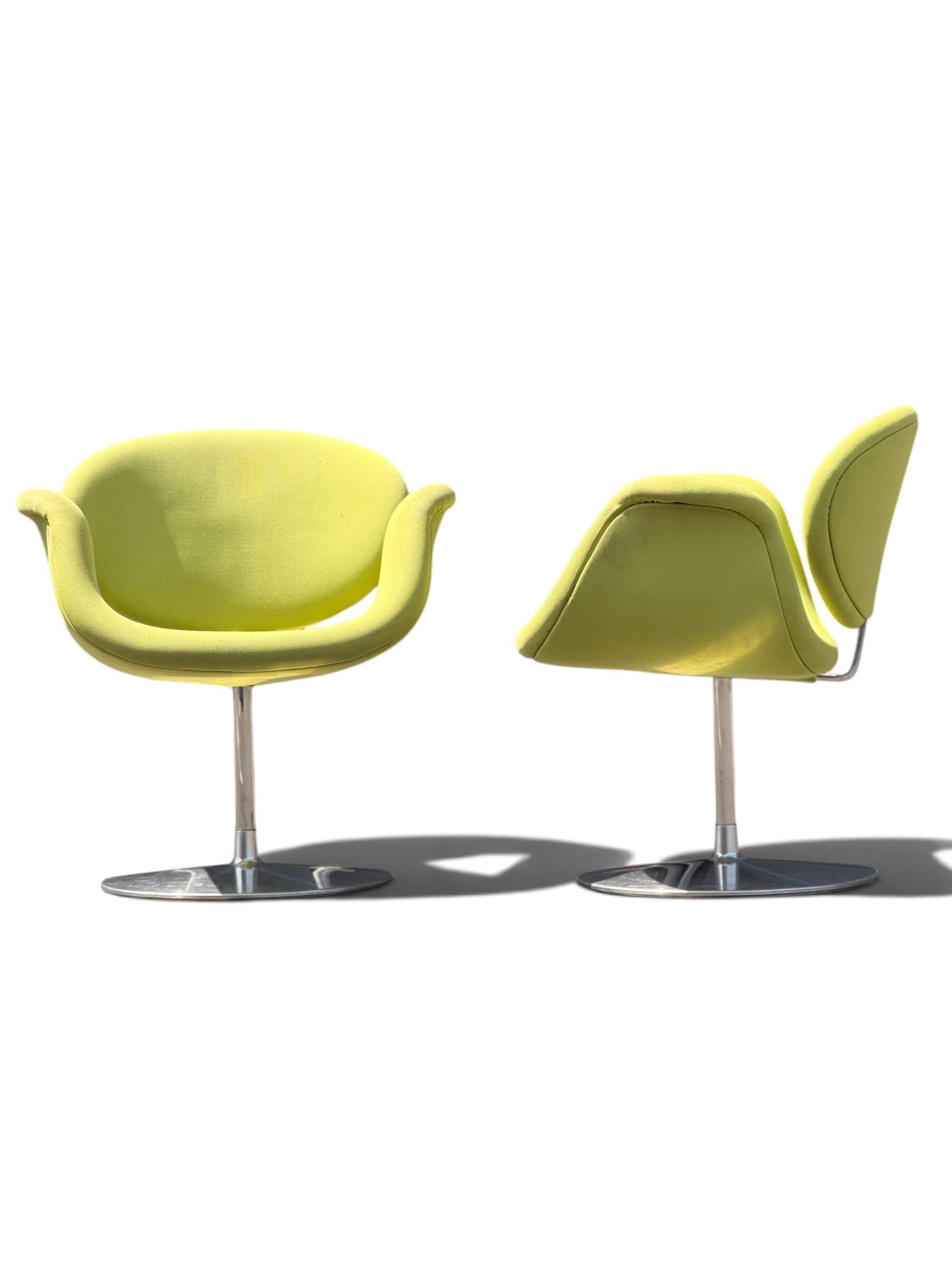 Pair of Little Tulip armchairs by Pierre Paulin for Artifort in green fabric.
