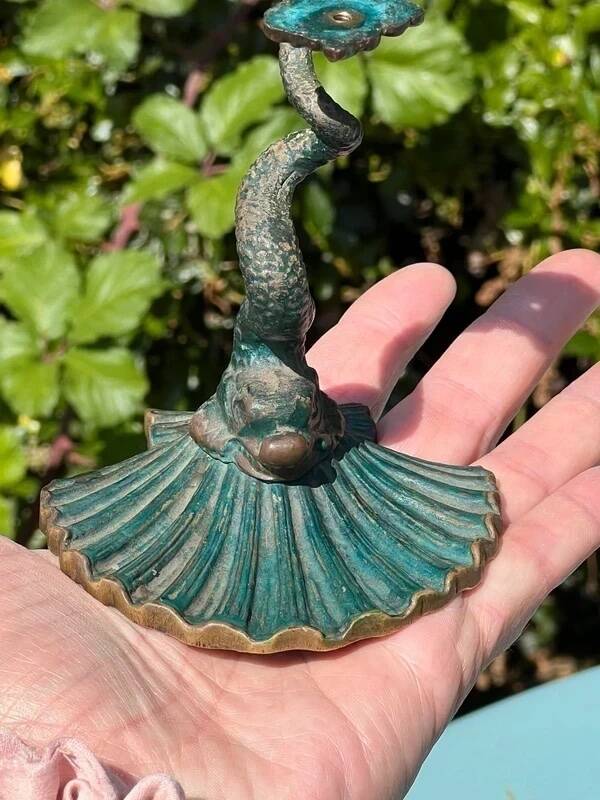 Antique candlestick base – stylised marine fish in patinated bronze