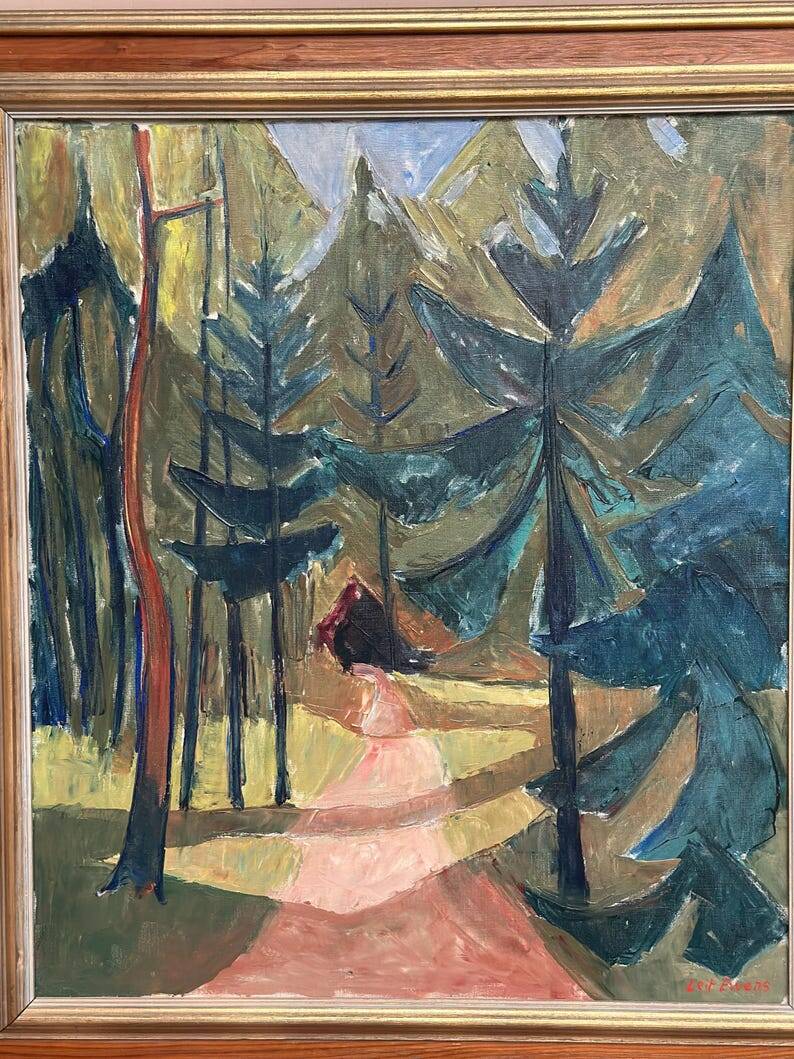 Large Original Swedish Oil on Canvas – 'Forest Road' by Leif Ewens – Signed – Vintage & Framed