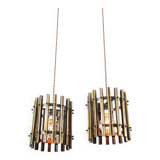 Vintage Italian Brass Cage Pendant Lamps, 1970s, set of 2