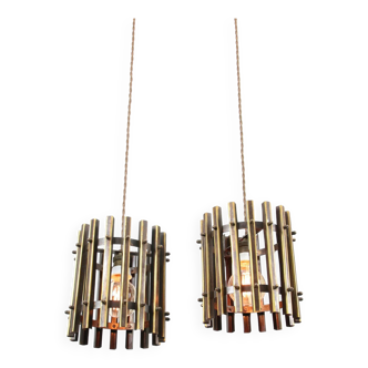 Vintage Italian Brass Cage Pendant Lamps, 1970s, set of 2