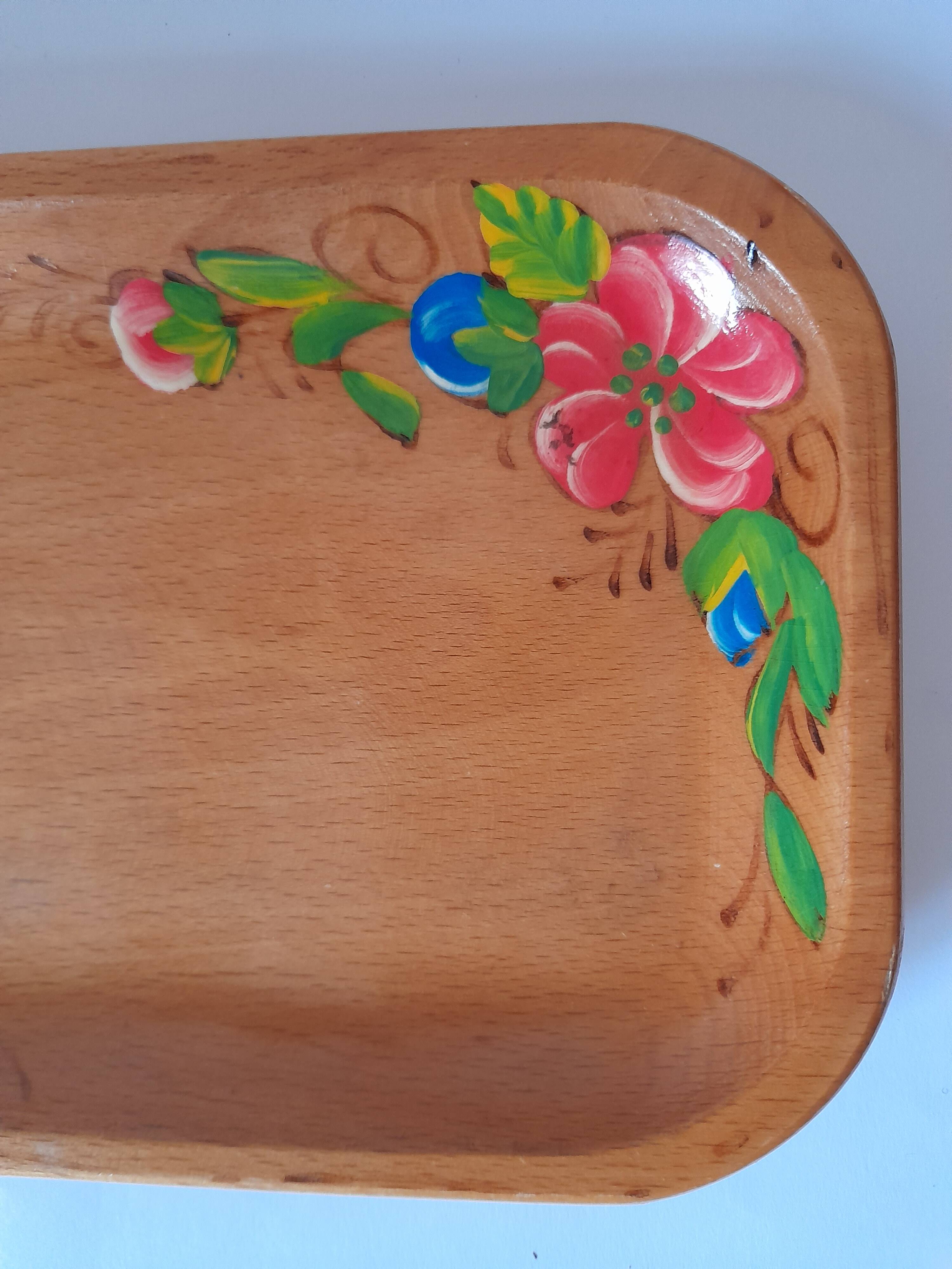 Vintage wooden tray with painted flowers