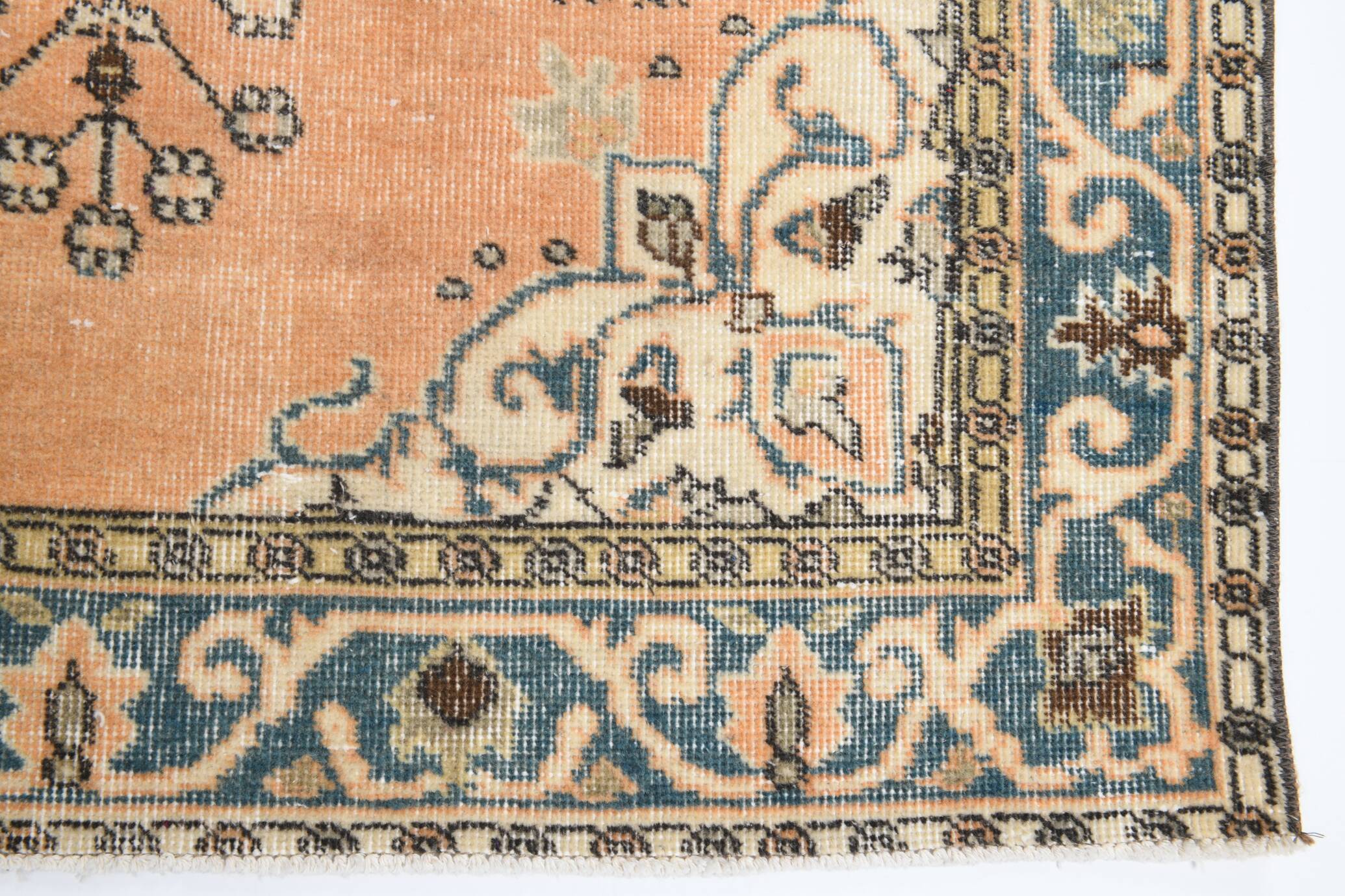Vintage Peach Oriental Rug, Faded Petrol Blue Border, Soft Handmade Carpet