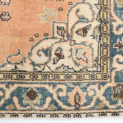Vintage Peach Oriental Rug, Faded Petrol Blue Border, Soft Handmade Carpet