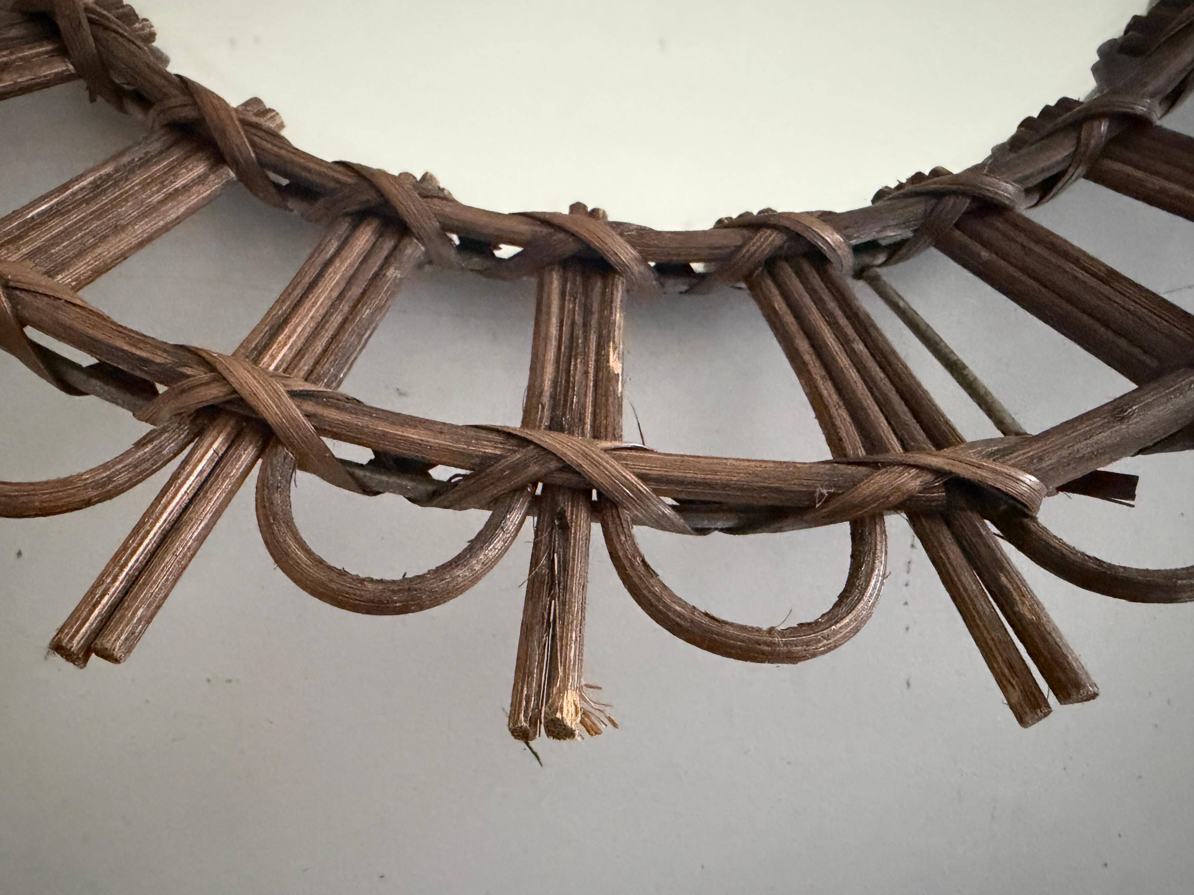 Round wall mirror with a modern mid-century wooden frame, 1960s, Germany.