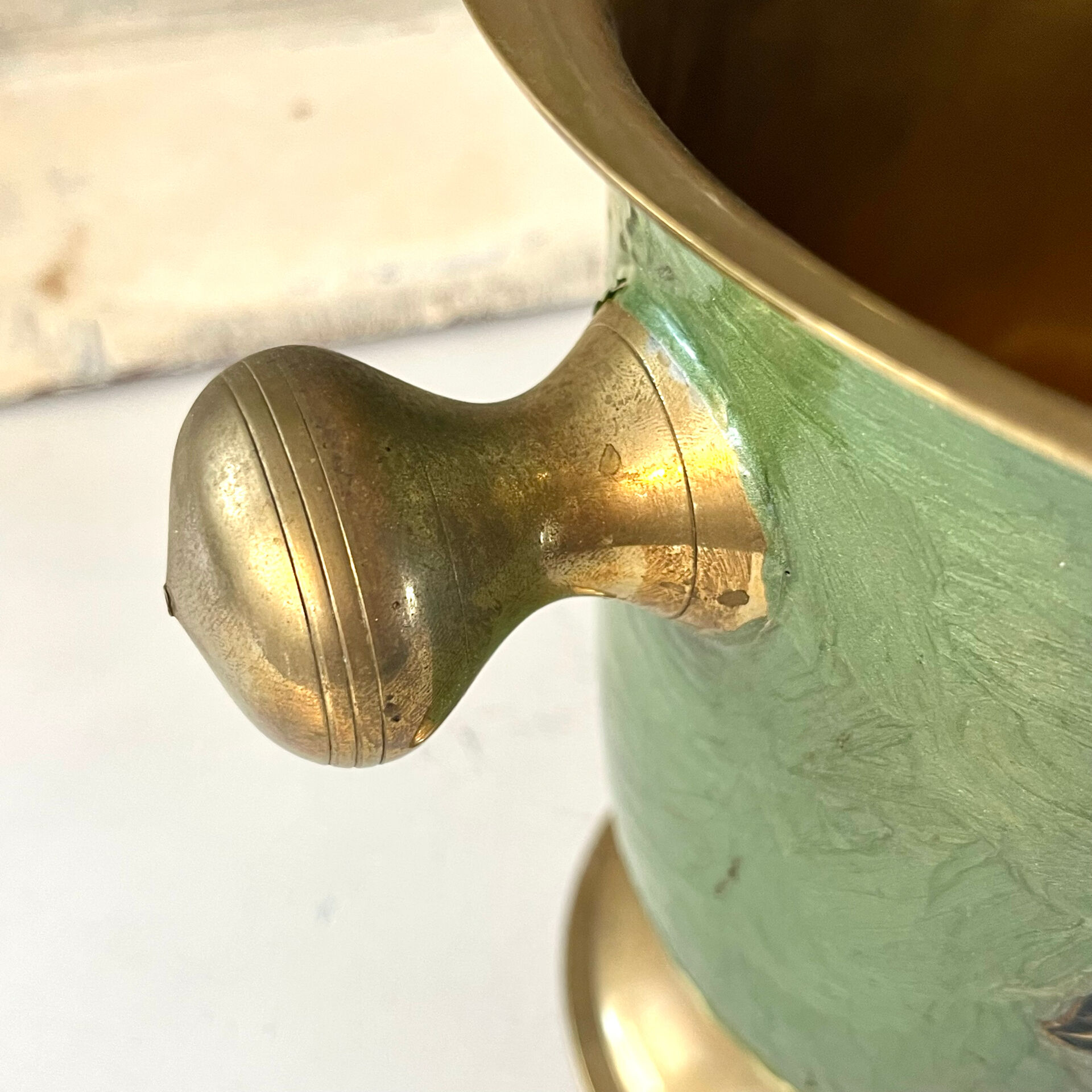 Vintage brass and green enamel cloisonné champagne cooler with sunflow